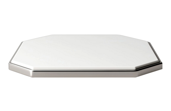 Octagonal white platform with metallic trim, featuring a sleek and minimalist design. Perfect for product presentations or displays. Isolated on transparent background, png.