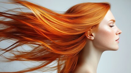 Naklejka premium Beautiful female face with powerful silky hair developing in the wind. Naturalistic portrait of a young girl. Concept of natural female beauty. Illustration for cover, interior design, poster, etc.