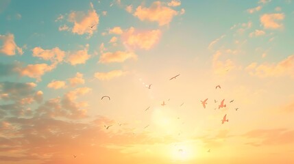 Sunset sky with flying seagulls, nature background.