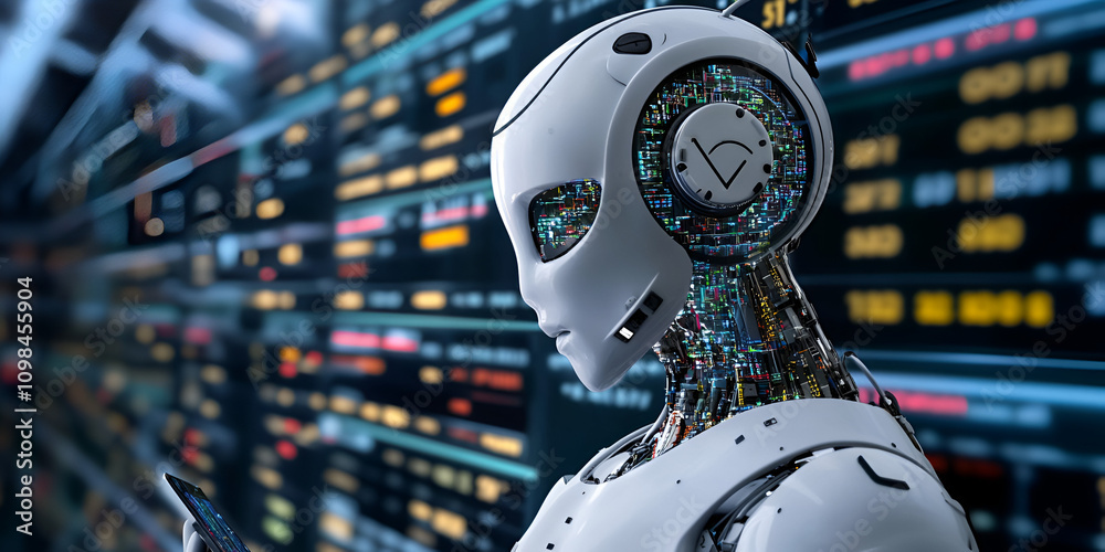 Poster the future of technology: a futuristic android robot with glowing circuits stands before a data-fill