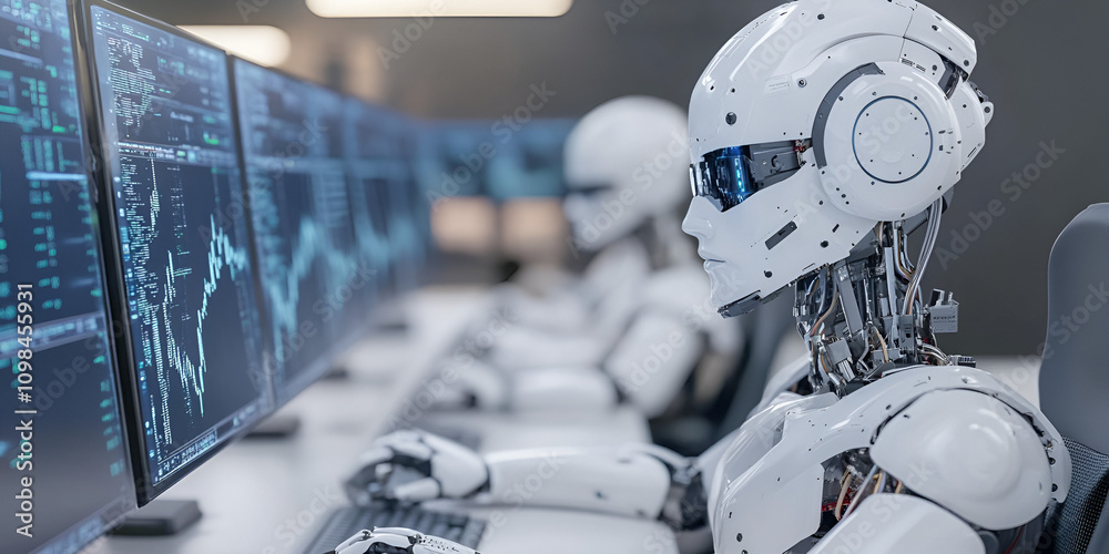 Poster the rise of ai: a row of advanced humanoid robots diligently work at computer workstations, their sc