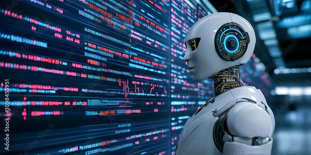 Poster ai scrutinizing code: a futuristic humanoid robot stands before a large screen displaying lines of d