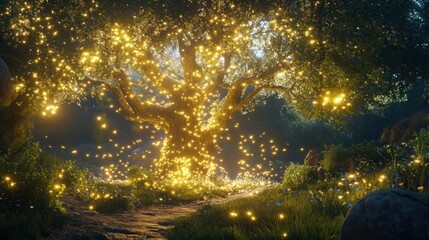 Fototapeta premium A magical scene of radiant fireflies swirling around a glowing tree in an enchanted forest clearing.