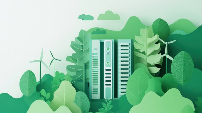 A conceptual illustration of a green data center powered by renewable energy sources and surrounded by lush vegetation, symbolizing sustainable IT infrastructure and energy efficiency