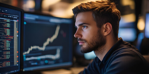 Fototapeta premium Focused on Success: A young man intently analyzes data on his computer screen, his gaze fixated on the upward trend line.