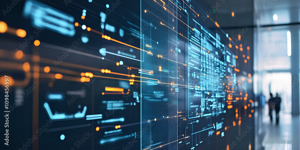 Poster digital data stream: futuristic digital display with vibrant blue and orange data streams flowing ac