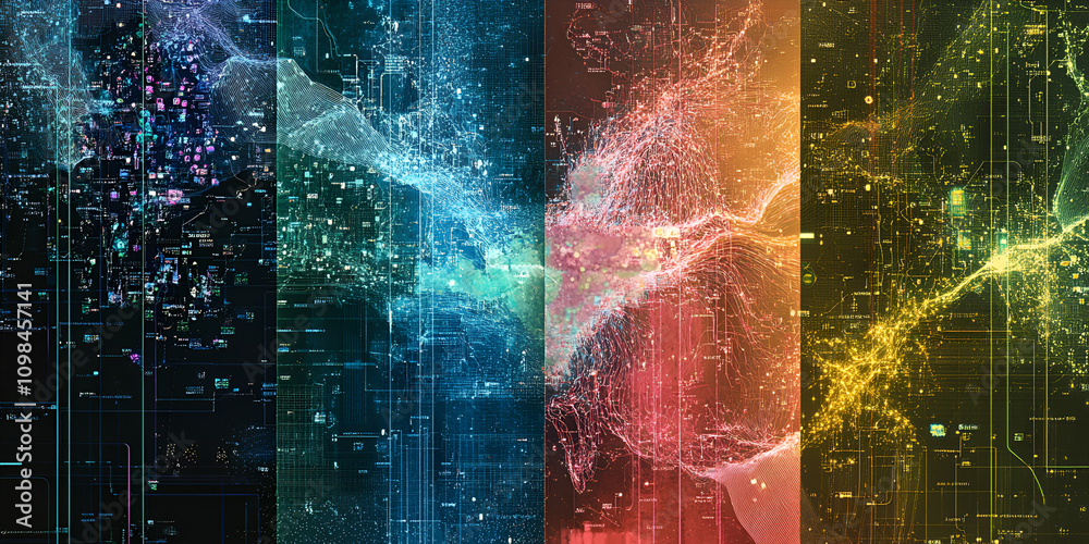 Poster abstract data stream: vibrant, multicolored digital streams flow across the frame, creating a dynami