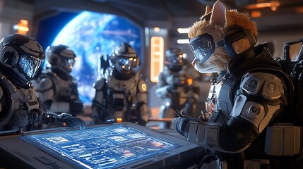 Futuristic Space Expedition Featuring an Anthropomorphic Cat in a Space Suit Engaging with Advanced Technology Surrounded by Astronauts and a Stunning Earth View