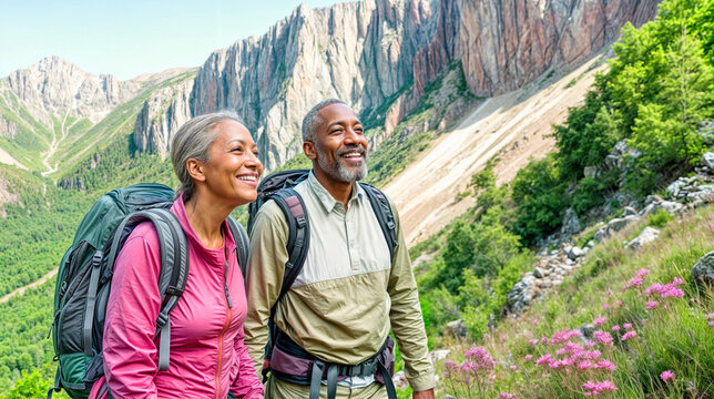 Happy senior couple hiking. Old african man and woman in spring travel. Mature black active people. Healthy senior family in summer hike. Sport hiking for american people. Nature forest mountain field
