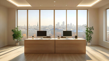 Fototapeta premium Modern Office with City View. Sunlit Workspace Design