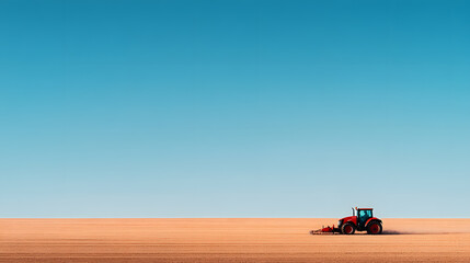 Tractor Plowing a Vast Field Under a Clear Blue Sky &ndash; Rural Landscape Showcasing Agriculture and Hard Work