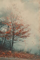 Obraz premium A tranquil autumn scene featuring a misty forest with vibrant red leaves and bare trees, capturing the essence of fall.