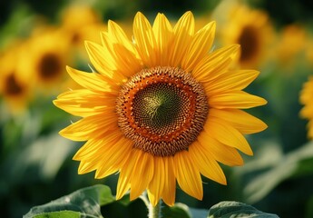 Vibrant Close-Up of a Sunflower Blossom in a Lush Field Under Clear Blue Sky, Showcasing Its Bright Yellow Petals and Unique Seed Pattern