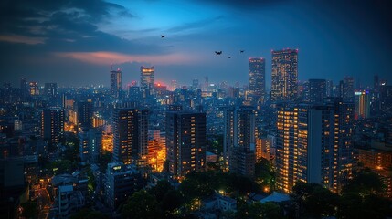 Naklejka premium A panoramic view of a vibrant city skyline at dusk, illuminated by city lights.