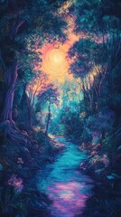 Fototapeta premium Colorful forest scene with river sunrise