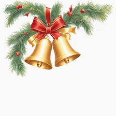 Golden Christmas bells with transparent background decorated with pine branches and red ribbon, festive design