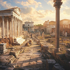 Fototapeta premium People exploring ancient ruins at sunset in a historic Greek city