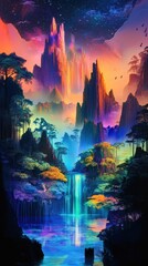 Fototapeta premium Colorful landscape with mountains and waterfalls