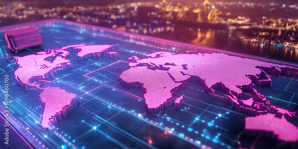Poster global connectivity: a futuristic, abstract representation of global connectivity, with a glowing wo