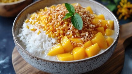 Delicious Sweet Sticky Rice with Fresh Mango, Toasted Coconut, and Sweetened Condensed Milk Served in a Rustic Bowl, Perfect for Desserts or Breakfast