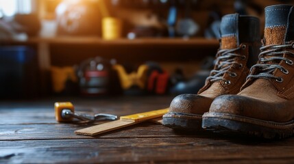 Worn Leather Work Boots Workshop Photo Industrial Environment Close-up View Business Essentials in Craftsmanship