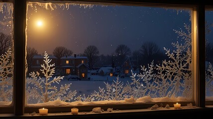 A window with a view of a snowy landscape and a full moon