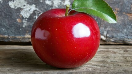 Fresh Red Apple with Leaf on Rustic Wooden Table Background
