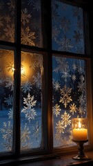 A window with snowflakes on it and a candle in a glass