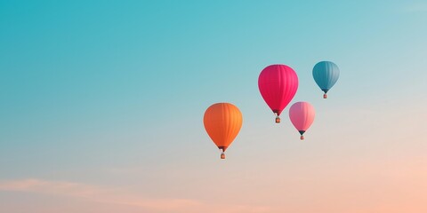 Obraz premium Four hot air balloons are flying in the sky, with one of them being pink. The sky is blue and the sun is setting, creating a warm and peaceful atmosphere