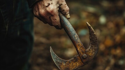 Fototapeta premium Close-Up of a Hand Holding a Rusty Garden Tool with a Curved Blade, Showcasing Wear and Age in a Natural Outdoor Setting