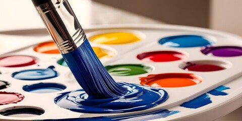 A detailed shot of an artist's paintbrush dipped in vibrant blue paint, hovering over a palette with an array of colors   4