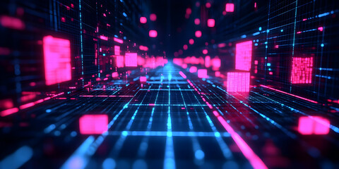 Abstract 3D Digital Corridor with Glowing Pink and Blue Data Streams