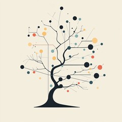 A modern abstract illustration of a tree with geometric branches and colorful circles, set against a minimalist background.