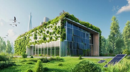 Obraz premium Modern Sustainable Building with Green Walls and Solar Panels