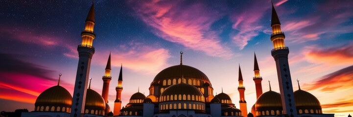 Obraz premium A majestic mosque with domes and minarets under a vibrant sunset sky transitioning to a starry night. Website banner for the month of Ramadan