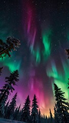 The sky is filled with a beautiful display of auroras, creating a serene