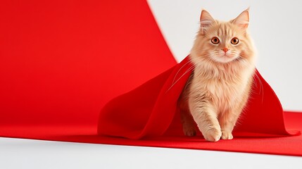 Playful Orange Cat in Red Drapery Setting, Captivating Close-Up of Feline Expressiveness in Vibrant Colorful Studio Environment