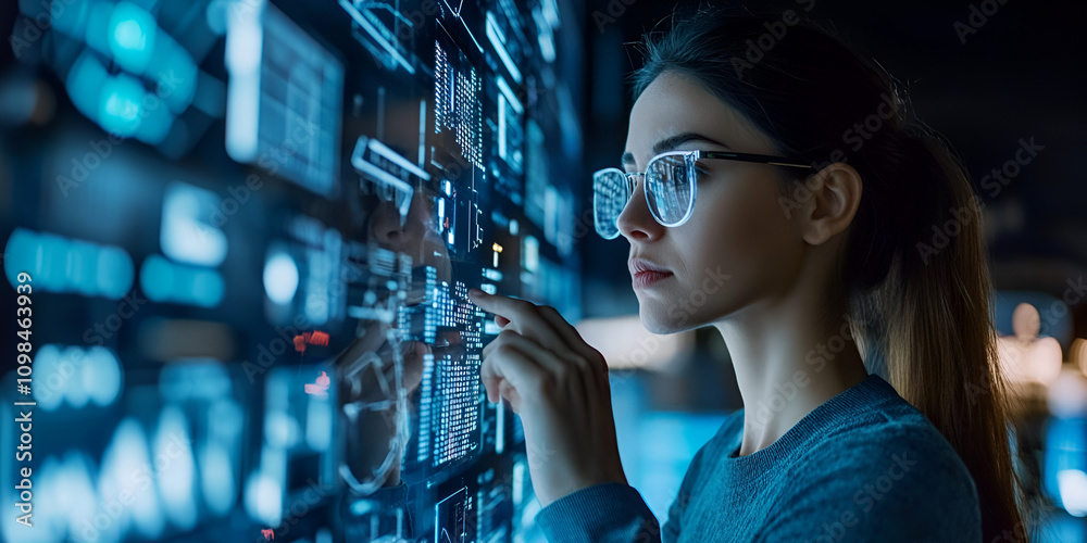Poster technologist at work: a focused female programmer interacts with a large interactive digital display
