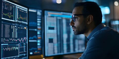 Fototapeta premium Data Analyst at Work: A focused young man wearing glasses studies data on multiple computer monitors, showcasing his dedication and expertise in a modern, technology-driven environment. 