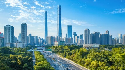 Fototapeta premium Urban skyline with skyscrapers and green trees under blue sky