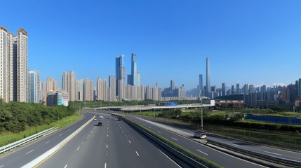 Fototapeta premium Panoramic Cityscape with Modern Buildings and Clear Blue Sky