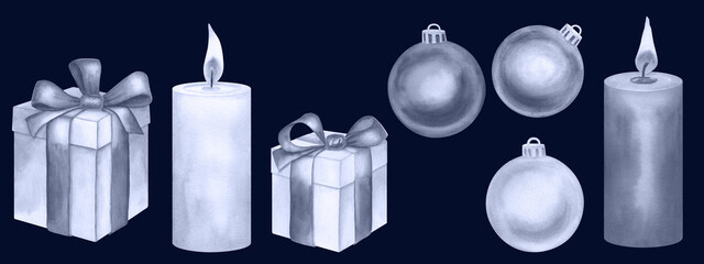 A watercolor set of gift boxes, candles and Christmas balls. Silvery elements for Christmas decor.