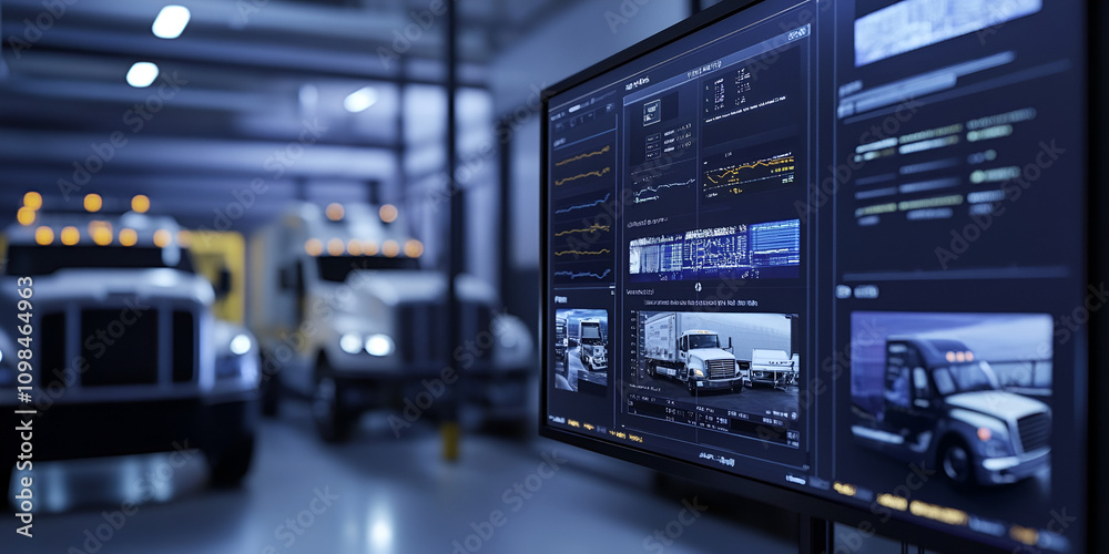 Poster fleet management system: a close-up of a large monitor displaying a fleet management system interfac