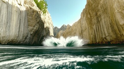 a man standing in a deep canyon with rocky cliffs on either side as a massive tsunami rushes towards the camera,
