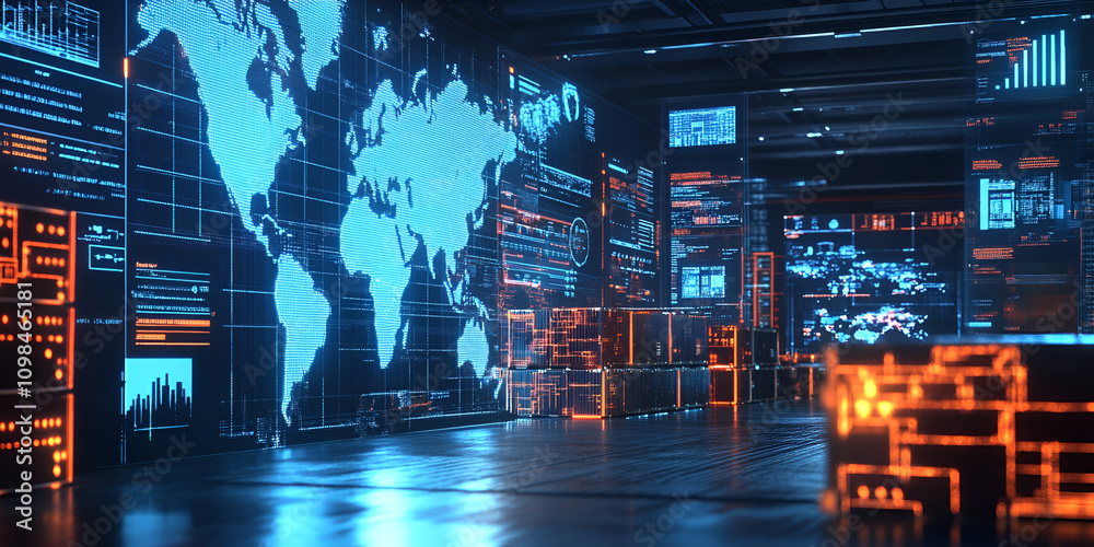 Poster global data network: a futuristic and abstract representation of a global data network, with glowing