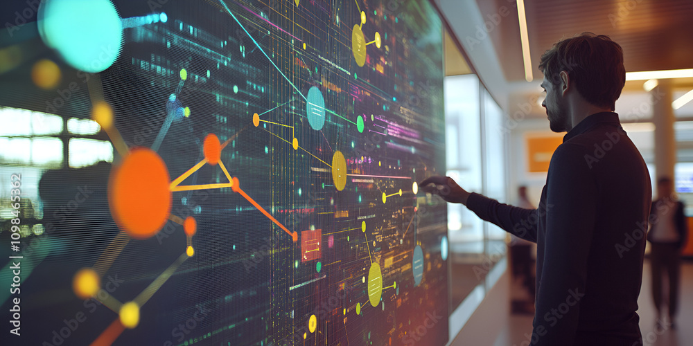 Poster data visualization: a businessman interacts with a large interactive screen, showcasing intricate da