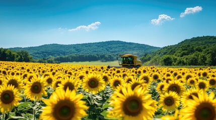 Obraz premium Vibrant Sunflower Field with Tractor Under Clear Blue Sky, Lush Green Mountains and Bright Yellow Blooms, Perfect for Agricultural or Nature Themes