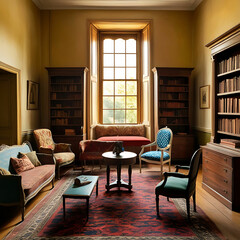 Fototapeta premium Eclectic Vintage Study with Mismatched Furniture, Patterned Rugs, and Antique Bookshelves.