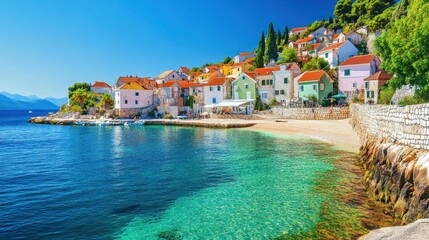 Fototapeta premium A quaint seaside town with colorful houses perched on a cliff, overlooking sparkling turquoise waters.