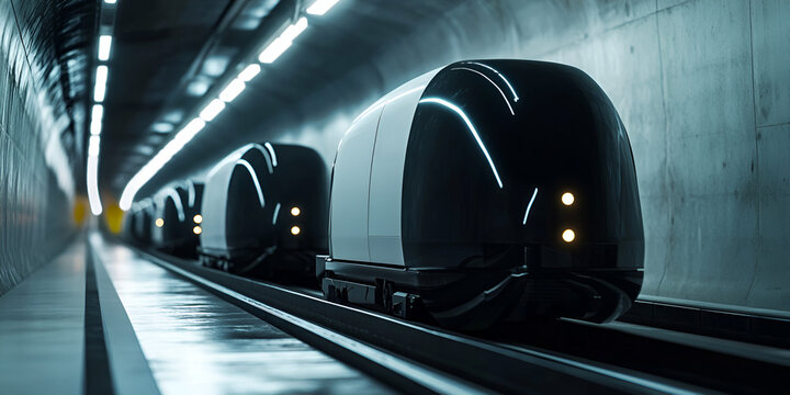 Hyperloop Train Tunnel: A sleek, futuristic hyperloop train glides through a modern underground tunnel, showcasing the potential of high-speed transportation for the future.